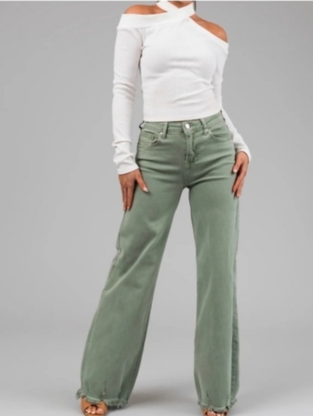 High-Rise Wide Leg Jeans in Sage Green